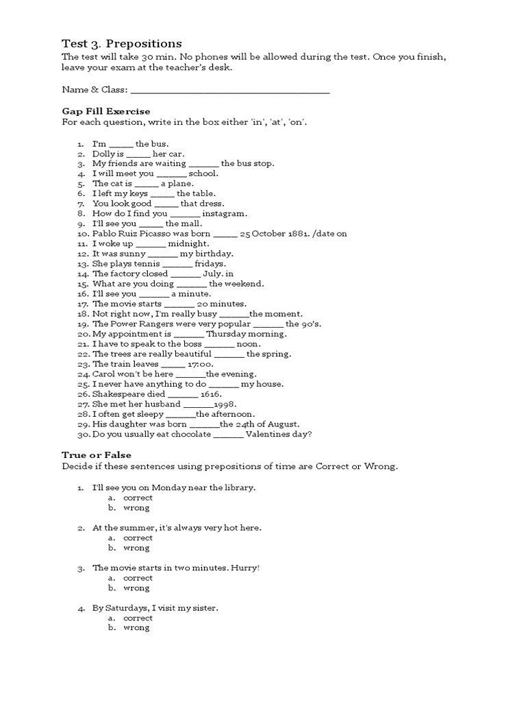 Prepositions of Time Test | PDF