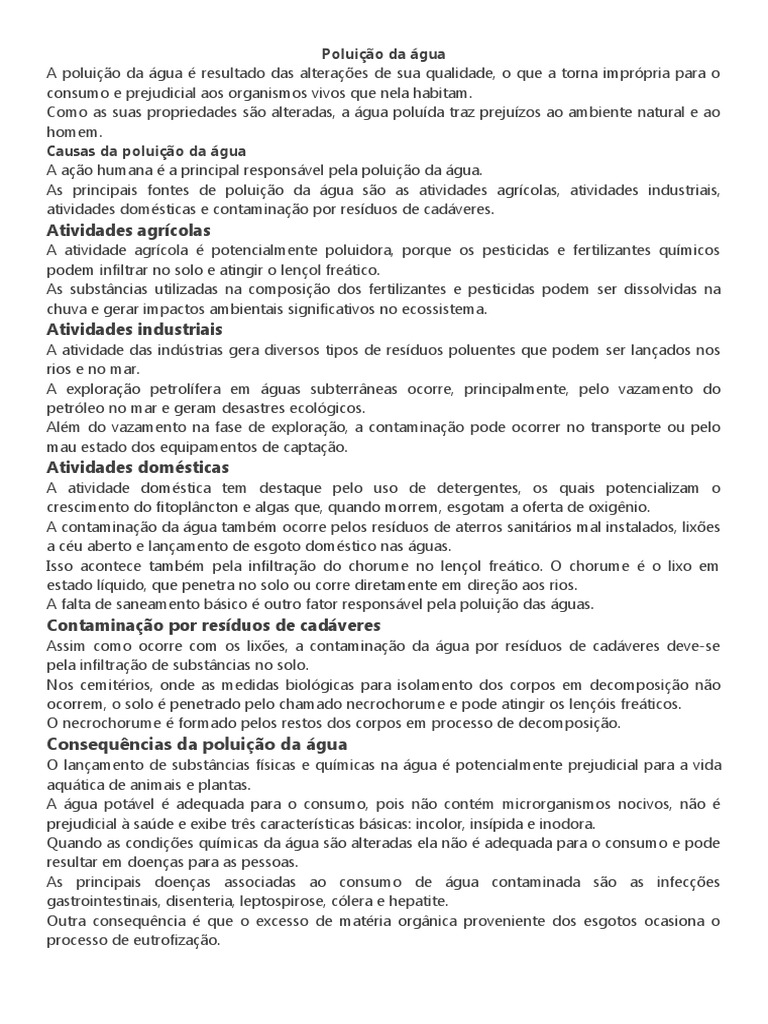 Poluição Da Água | PDF | Poluição da água | Água