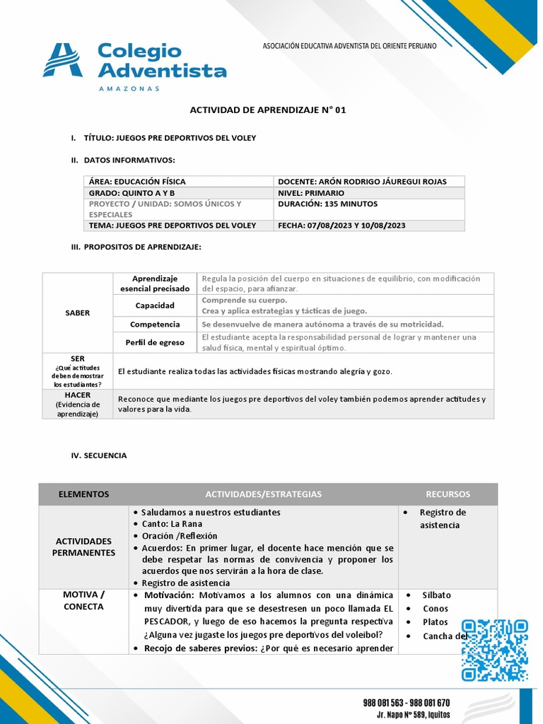 Sesion 1 Unidad 5 Quinto Grado PDF Aprendizaje Vóleibol