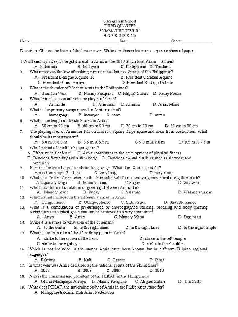 3rd Quarter Summative Test P E 11 Pdf