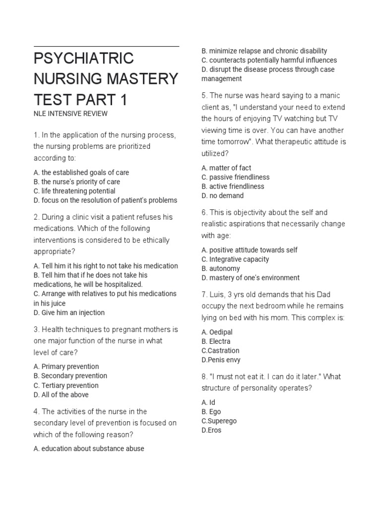 Psychiatric nursing mastery test part 1 pdf mental disorder