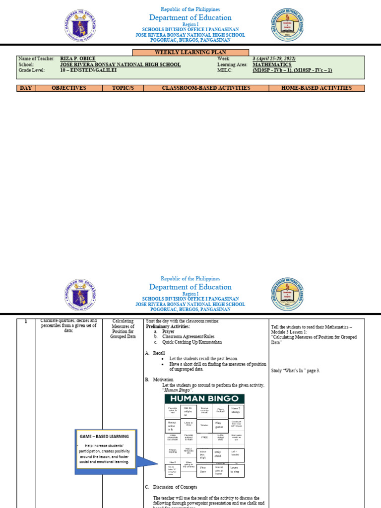 Weekly Learning Plan: Grade 10 Math | PDF | Data | Learning