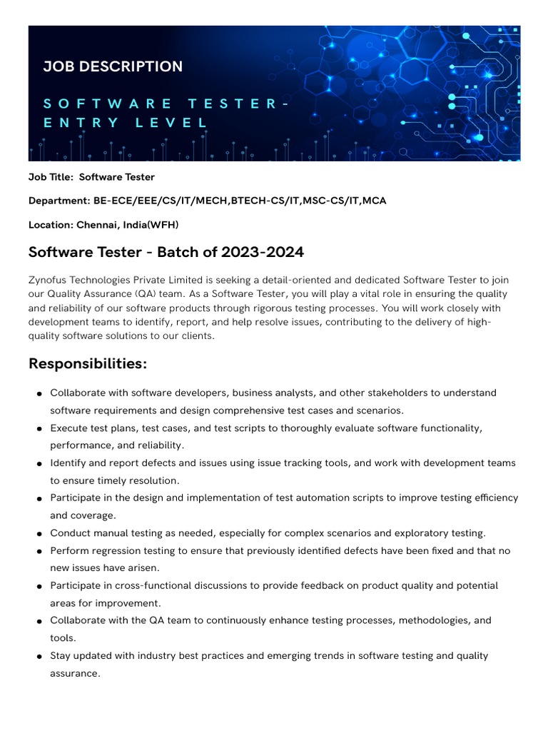 Software Tester Job Description Download Free PDF Software