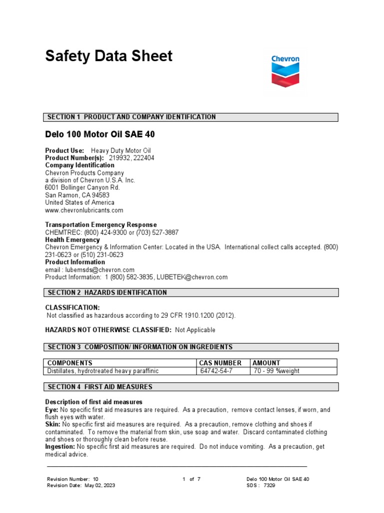 Chevron SDS Delo Oil PDF Personal Protective Equipment Toxicity