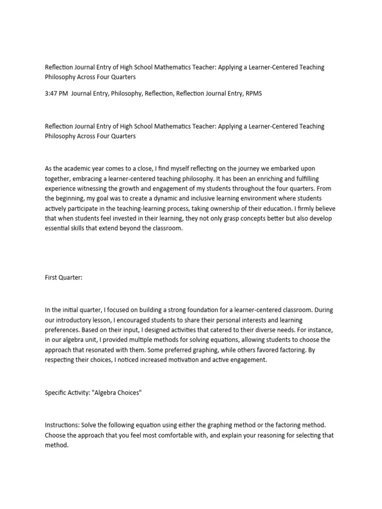 Reflection Journal Entry For Rpms Pdf Mathematics Teachers