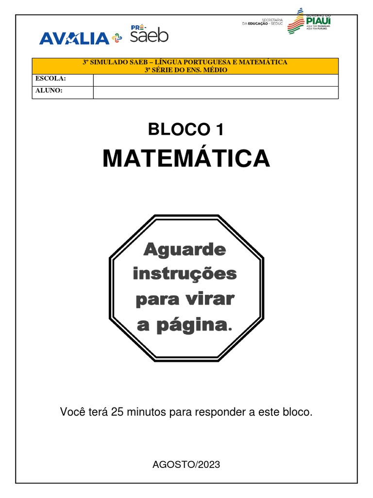 3º Simulado Saeb 3 Série Língua Portuguesa e Matemática - Caderno ...