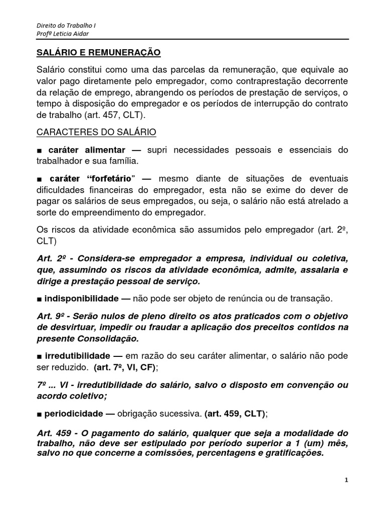 Características do Salário e Remuneração na CLT | PDF | Salário | Gorjeta