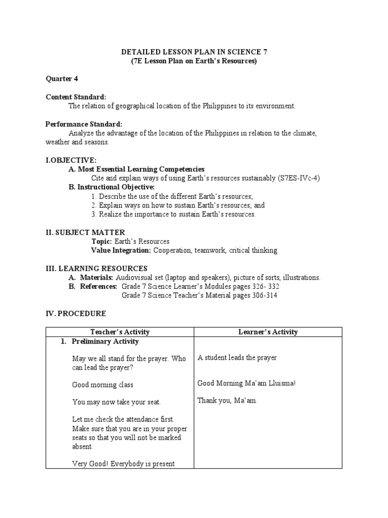 Grade 7 Lesson Plan: Earth's Resources | PDF | Resource | Renewable ...