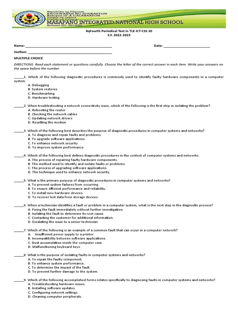 TLE ICT-CSS 10 Diagnostic Procedures Test | PDF | Business | Computers
