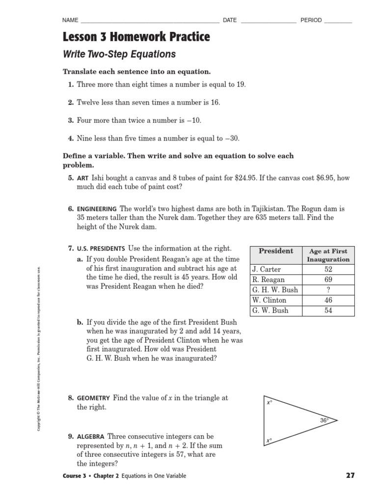 lesson 3 homework practice write 2 step equations