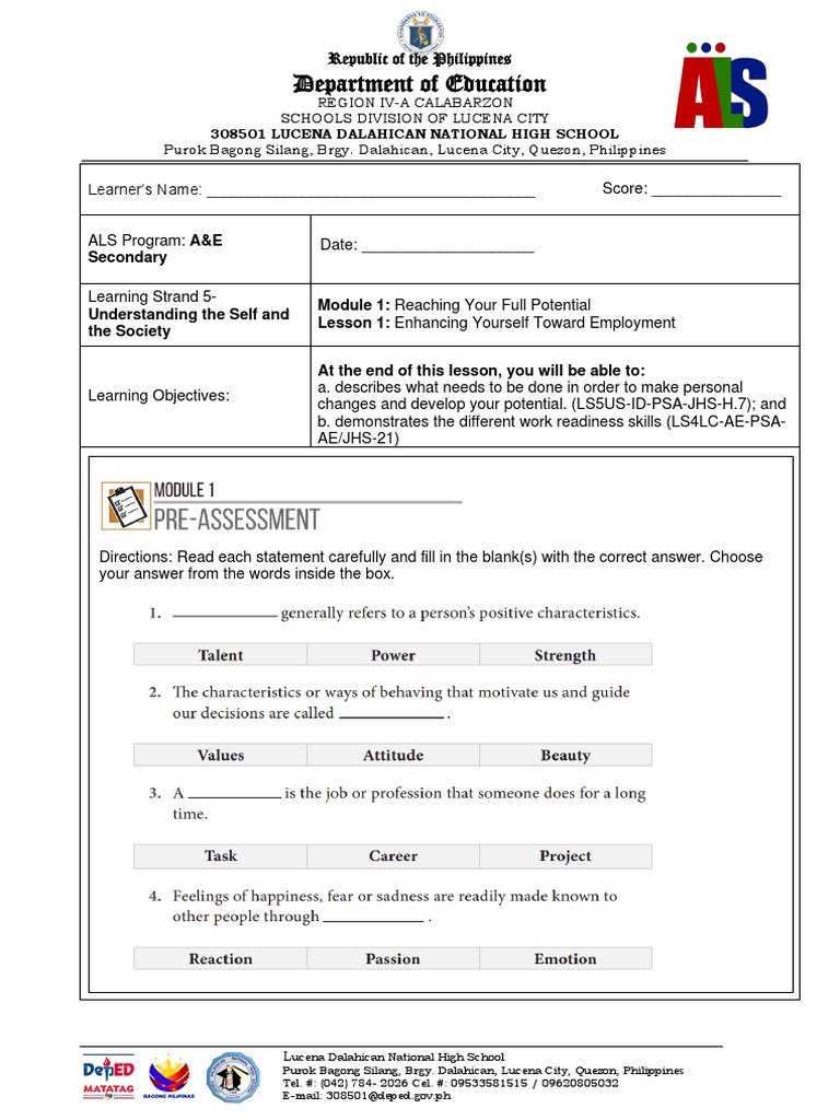ALS Pretest for Learning Strand 5 | PDF | Social Science