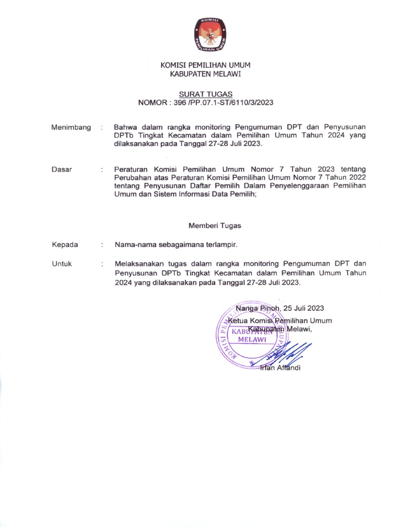 Surat Tugas Monitoring Pengumuman DPT Dan Penyusunan DPTB | PDF