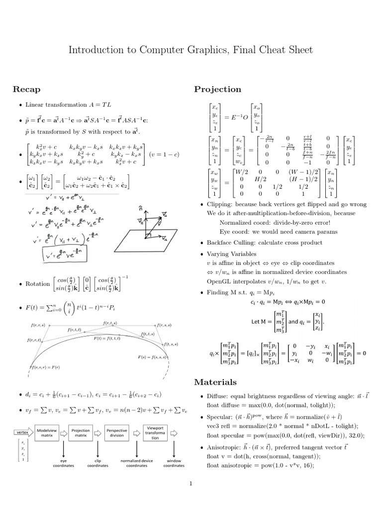 Computer Graphics Cheat Sheet | PDF
