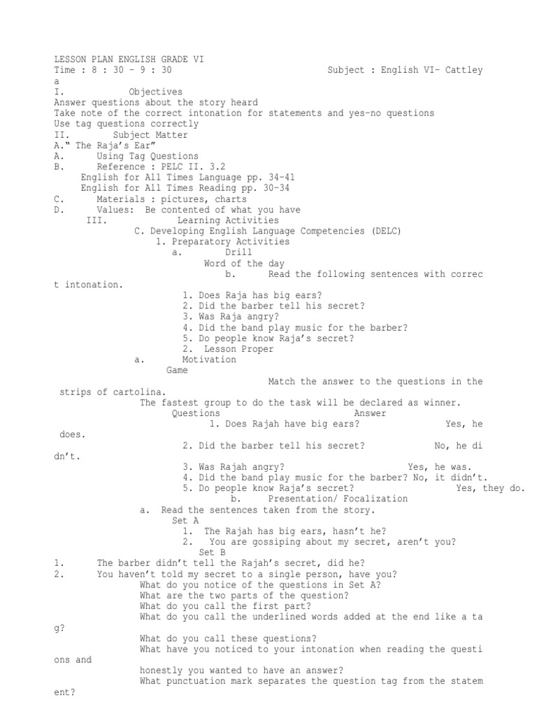 Lesson Plan English Grade Vi | PDF | Question | English Language