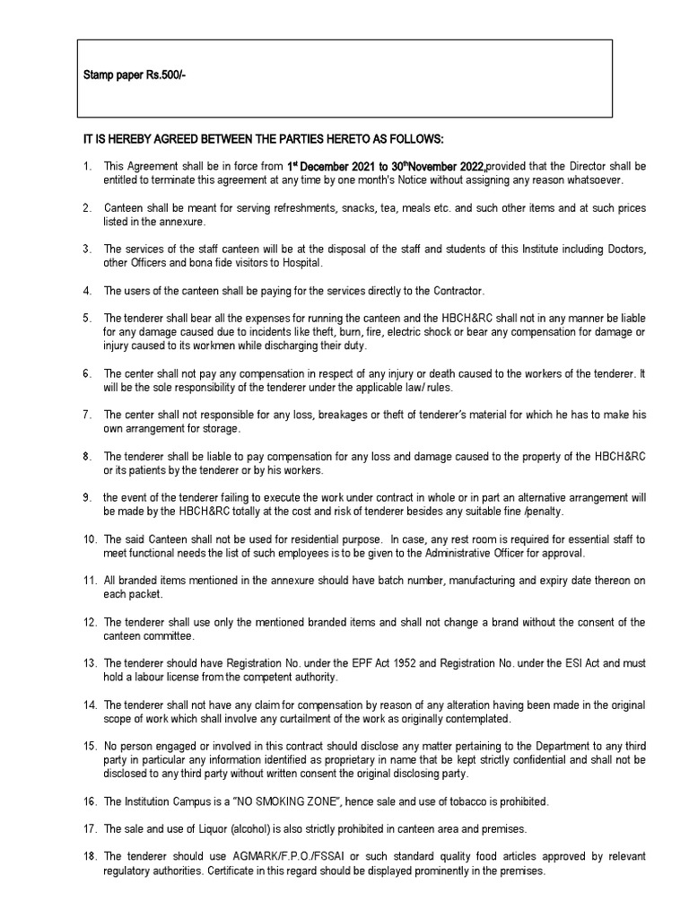 Canteen Contract Document PDF Employment Wage