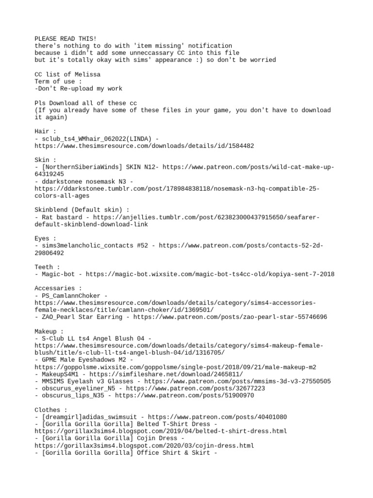 (BBSims) CClist of Melissa | PDF | Clothing | Fashion