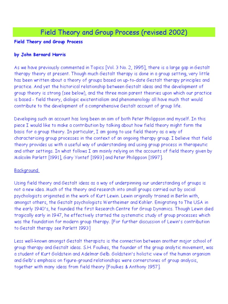 Field Theory in Group Therapy | PDF | Gestalt Therapy | Psychotherapy