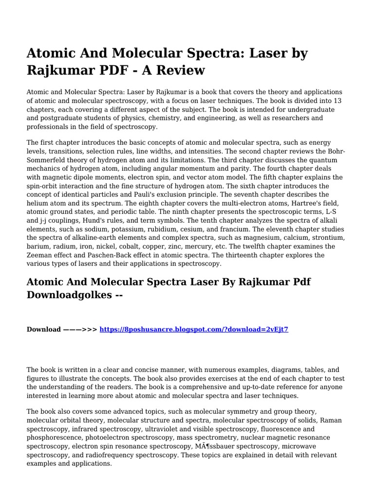 Atomic and molecular spectra laser by rajkumar pdf a review pdf
