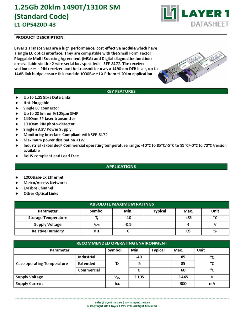1.25Gb 20klm 1490T1310R SM (Standard Code) PDF