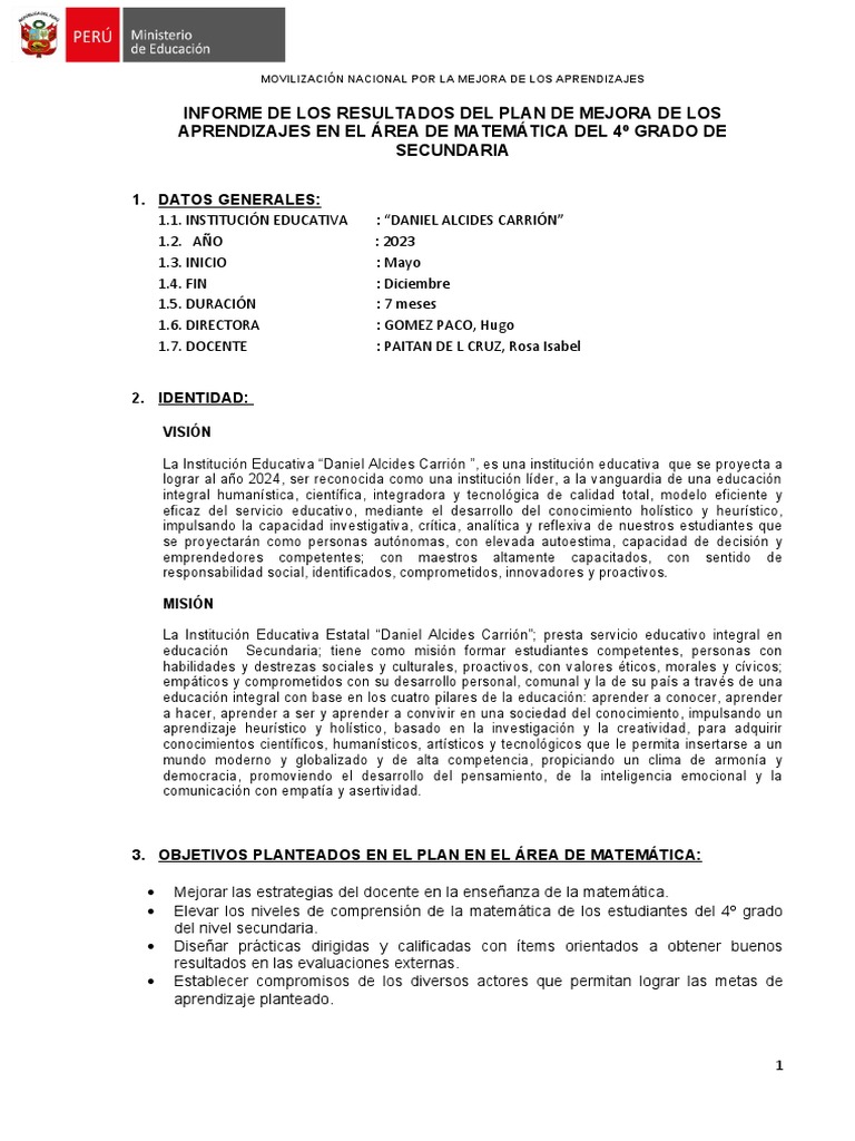 Informe Del Plan de Mejora | PDF | Maestros | Aprendizaje