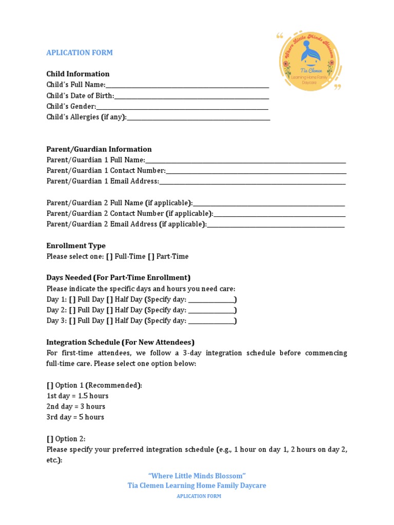 Daycare Enrollment Application Form | PDF | Child Care | Parent