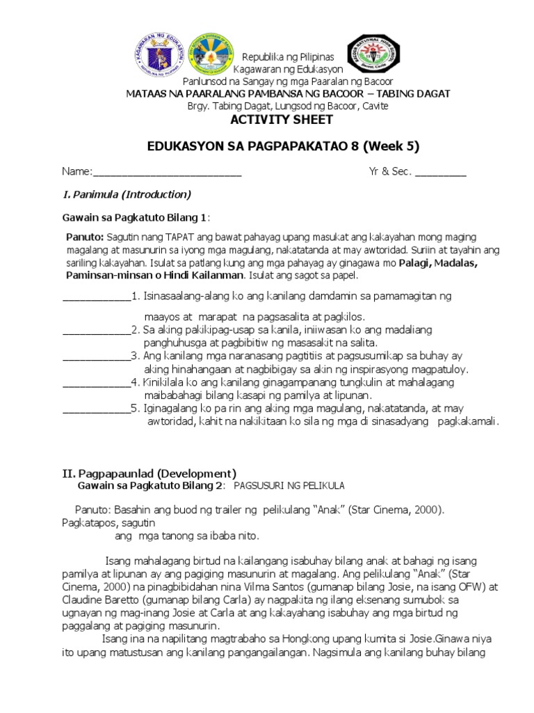 Activity Sheet Week 5 | PDF