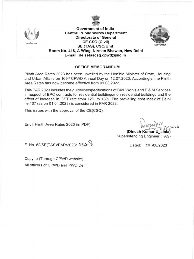 CPWD Plinth Area Rates 2023 | PDF | Technology & Engineering