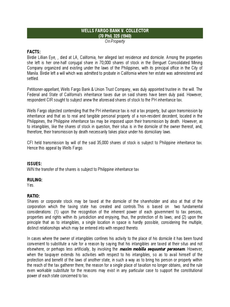 Wells Fargo Bank v. Collector (G.R. No. L46720, June 28, 1940) PDF