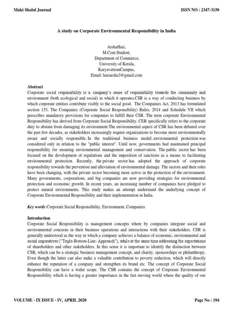 A Study On Corporate Environmental Responsibility in India | PDF ...