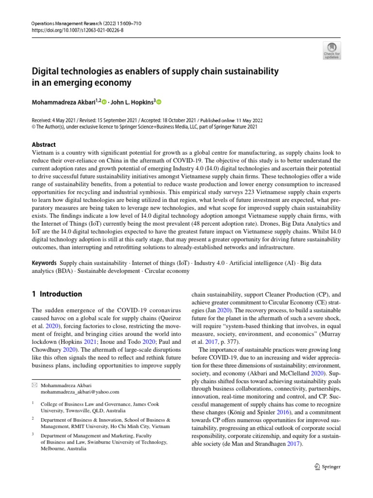 Digital Technologies As Enablers of Supply Chain Sustainability in An ...