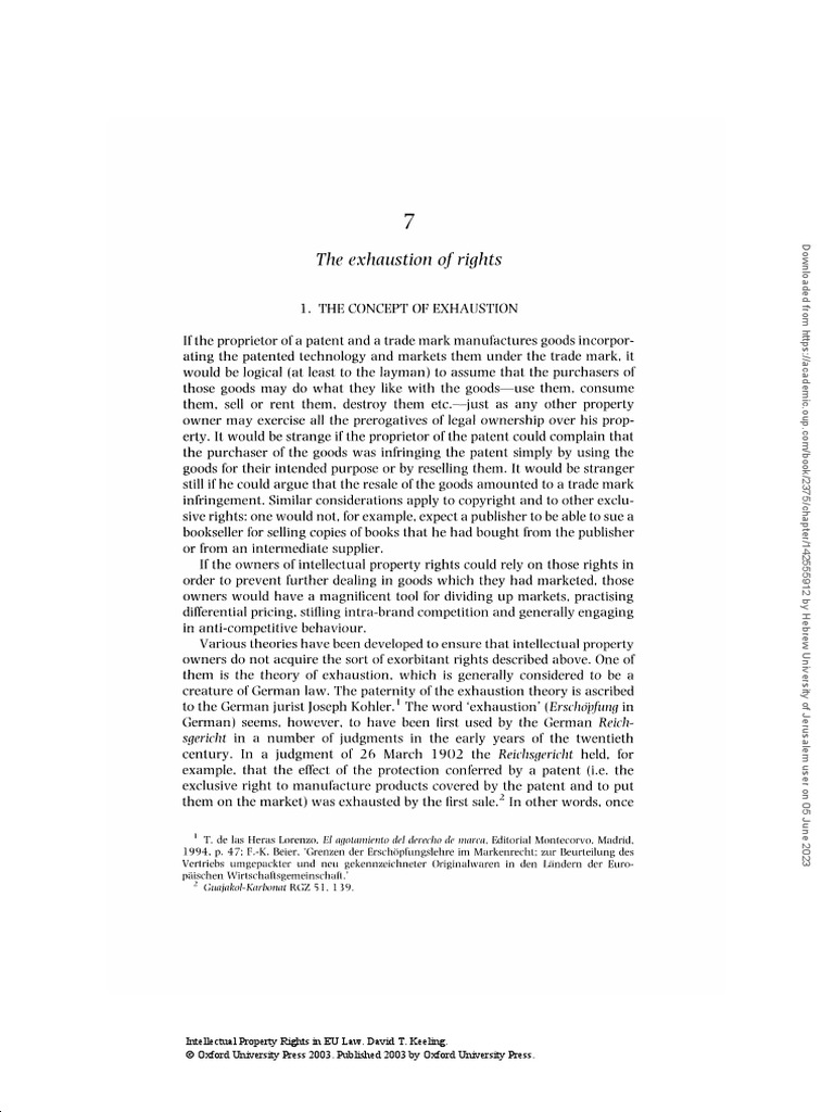 Keeling, David T., 'The Exhaustion of Rights', Intellectual Property