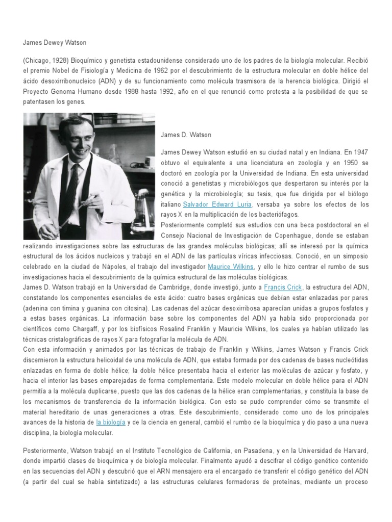 Biografía de James Dewey Watson | PDF | James Watson | Adn