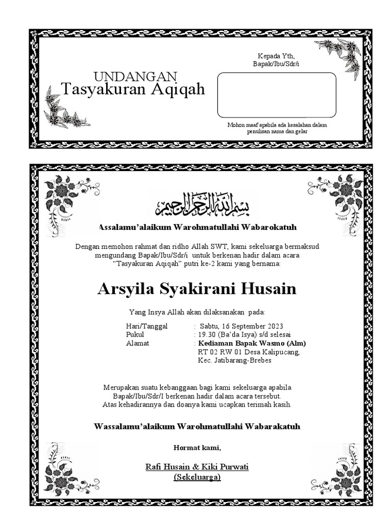 Contoh Undangan Aqiqah Sederhana | PDF