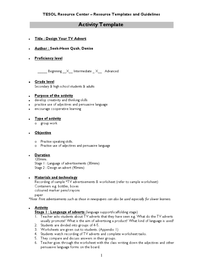 TV Advert Design Activity for Students | PDF | Advertising | English As ...