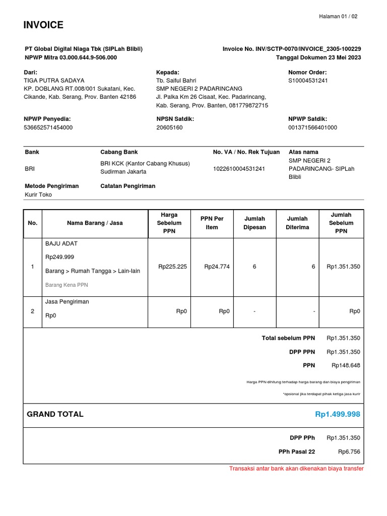 Invoice Pembelian Baju Adat SMP 2023 | PDF