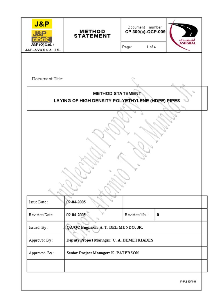 CP 300 (A) - QCP-009 Laying of HDPE Pipes | PDF | Pipe (Fluid ...