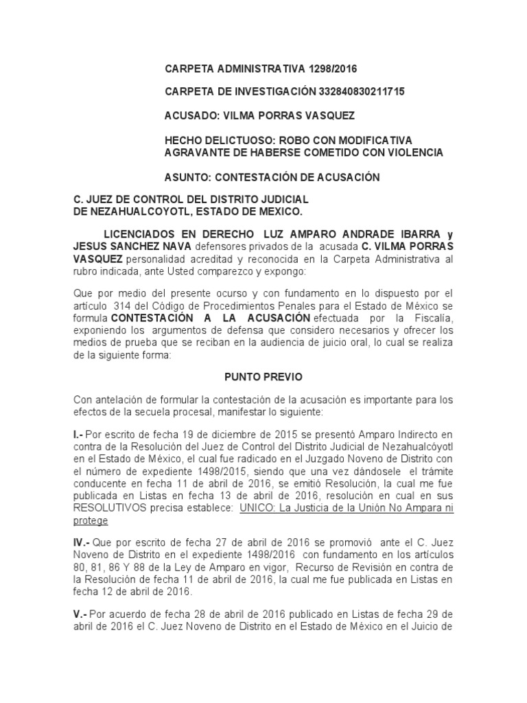 CONTESTACION de ACUSACION DEL MP DE NEZA VS VILMA PORRAS | PDF