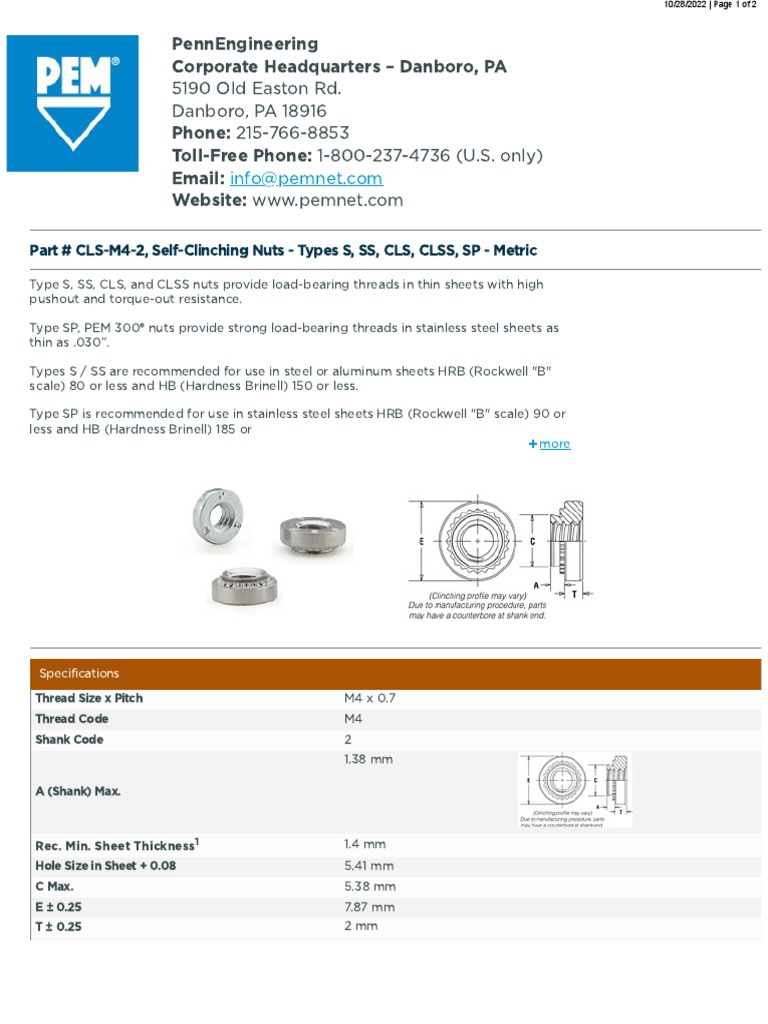 CLS M4 2 Self ClinchingNuts TypesS SS CLS CLSS SP Metric | PDF | Sheet ...
