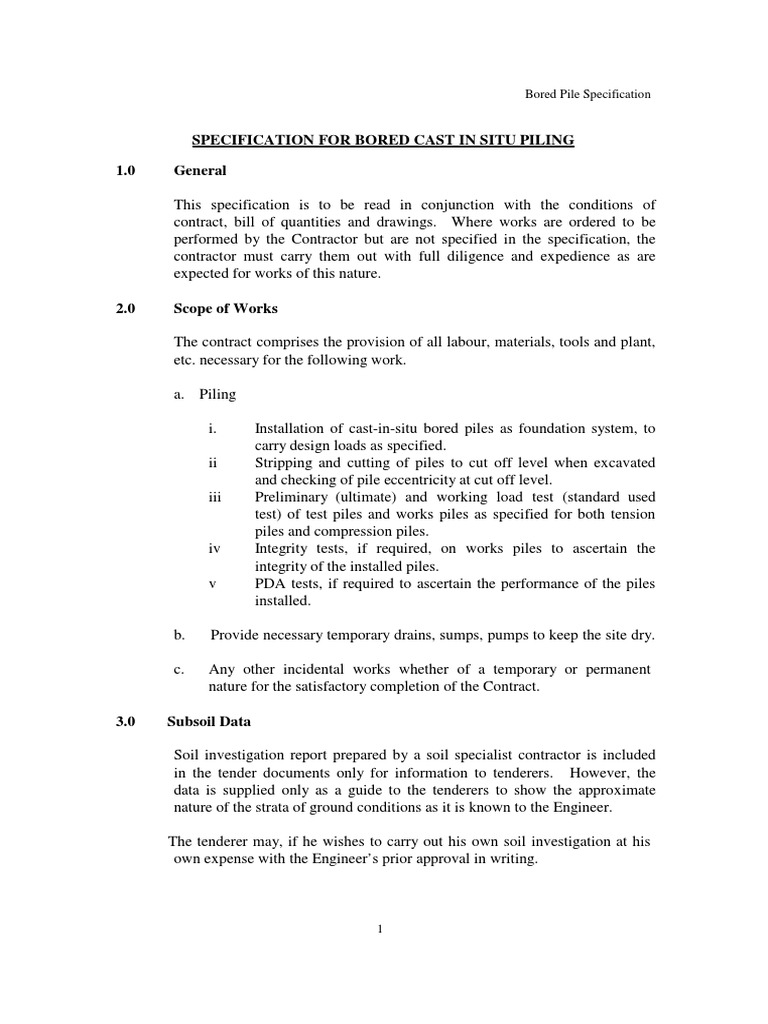 Bored Cast In-Situ Piling Specification | PDF | Home & Garden