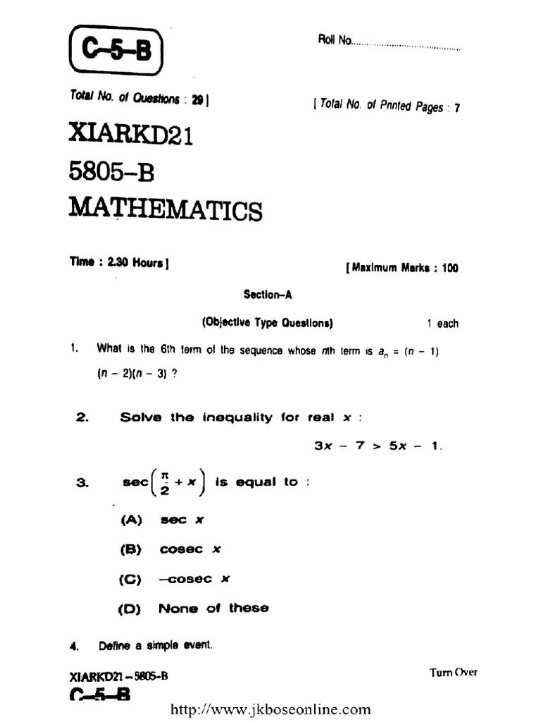 JK Bose Class 11 Mathematics 5805 B 2021 | PDF