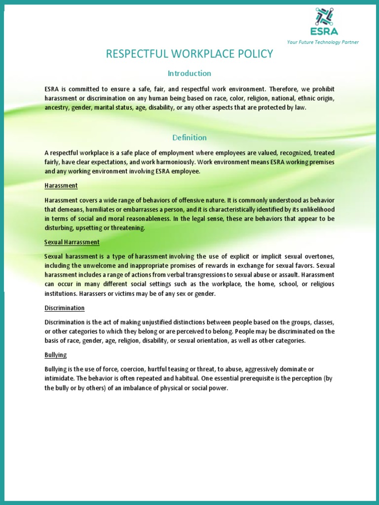 Respectful Workplace Policy Overview | PDF | Harassment | Sexual Harassment