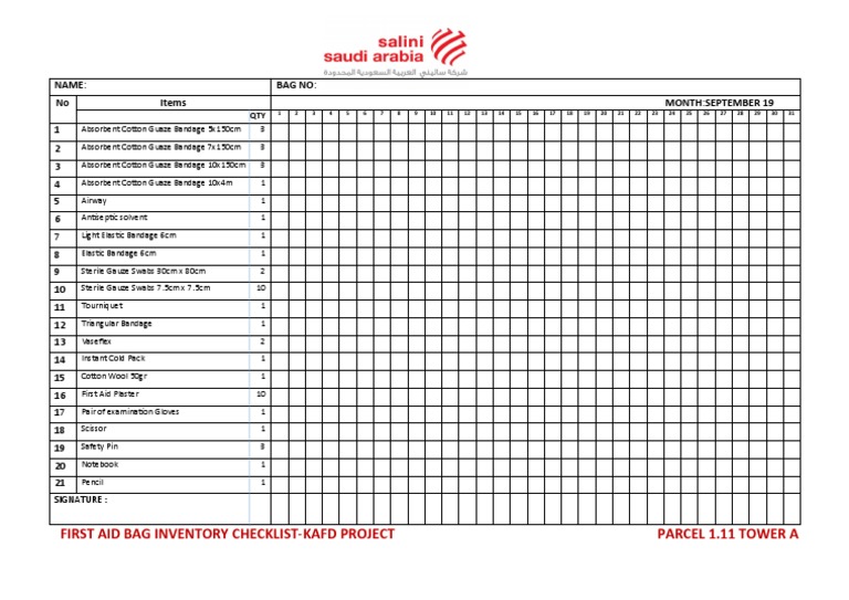 First Aid Box Checklist PDF
