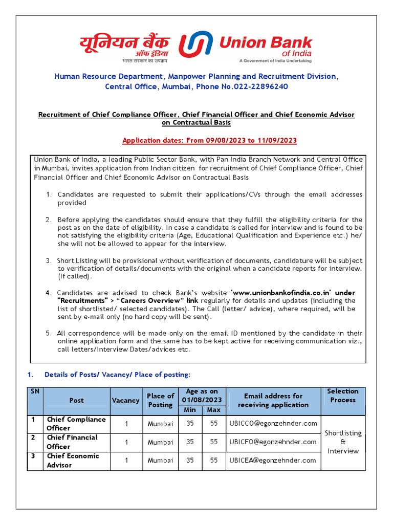 Union Bank Notification PDF Banks Employment