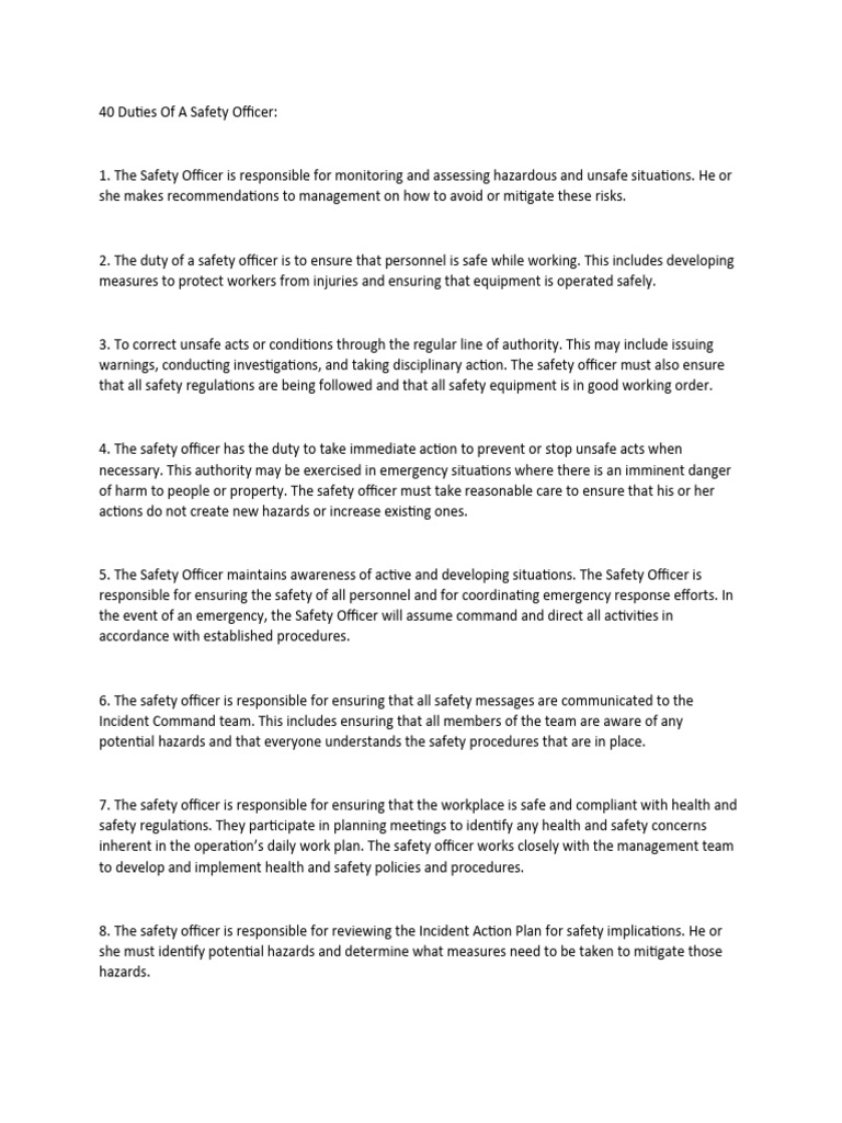 Safety Officer Duties PDF Occupational Safety And Health Safety