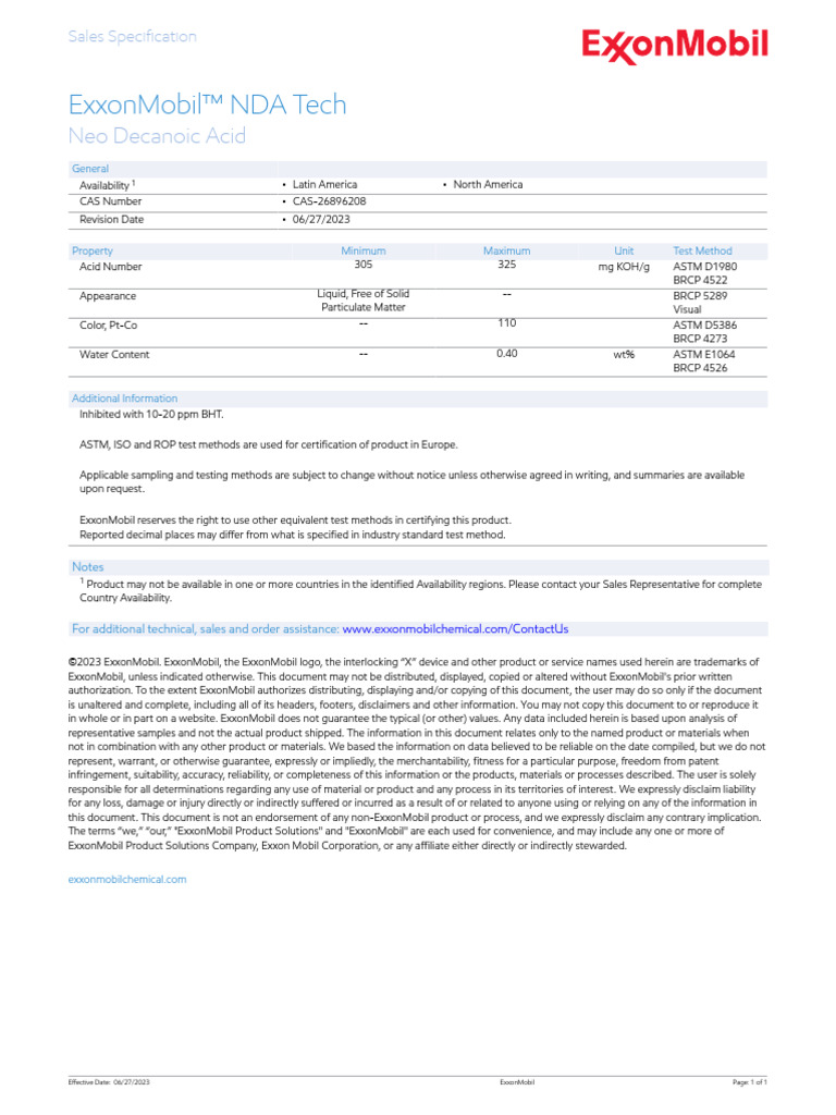 Exxonmobil™ Nda Tech: Neo Decanoic Acid | PDF