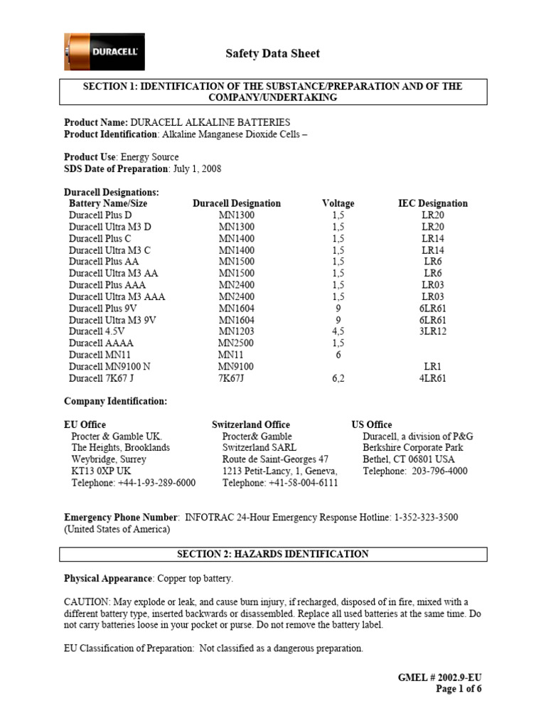 Duracell Alkaline Manganese Dioxide Batteries MSDS PDF Firefighting