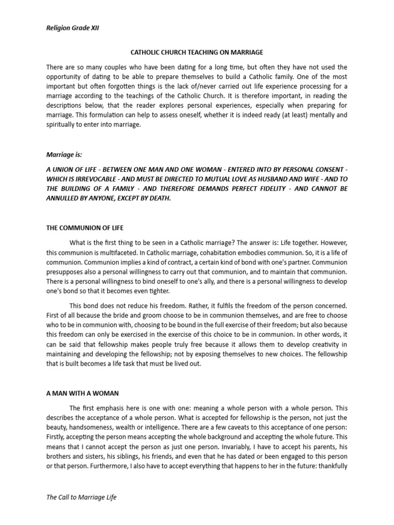 Catholic Church Teaching On Marriage Pdf Marriage Wife
