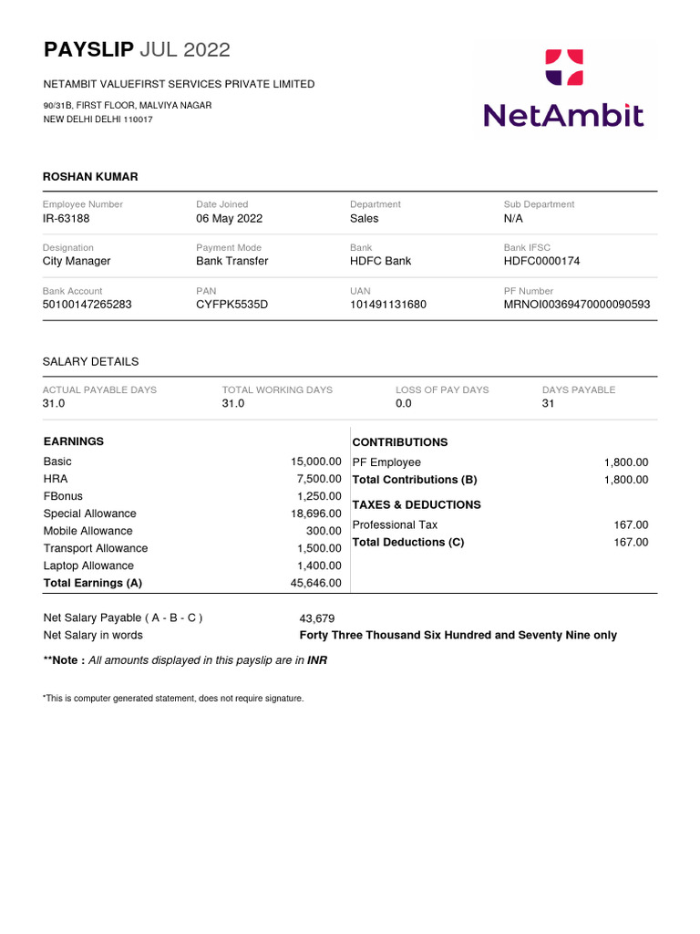 Netambit Salary Slip - July 2022 | PDF | Paycheck | Services (Economics)