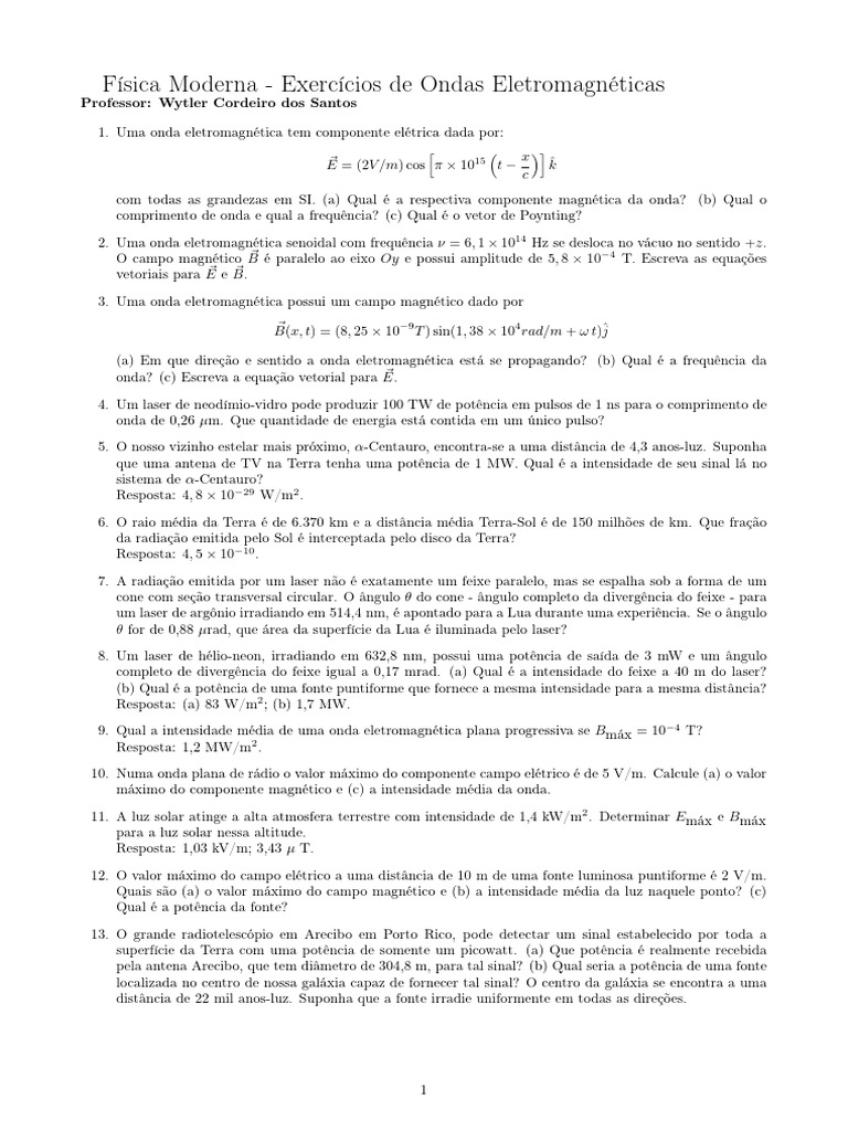 Exercícios de Ondas Eletromagnéticas 9º Ano | PDF | Ondas | Radiação ...