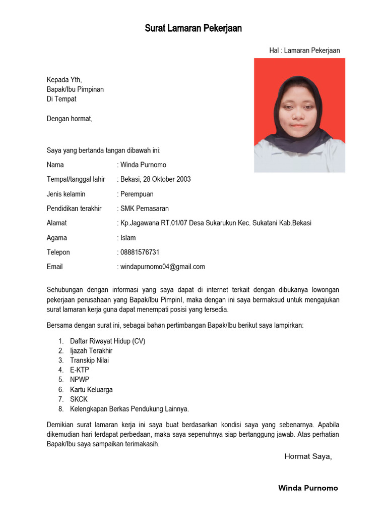 Surat Lamaran Kerja PT Pertamina | PDF